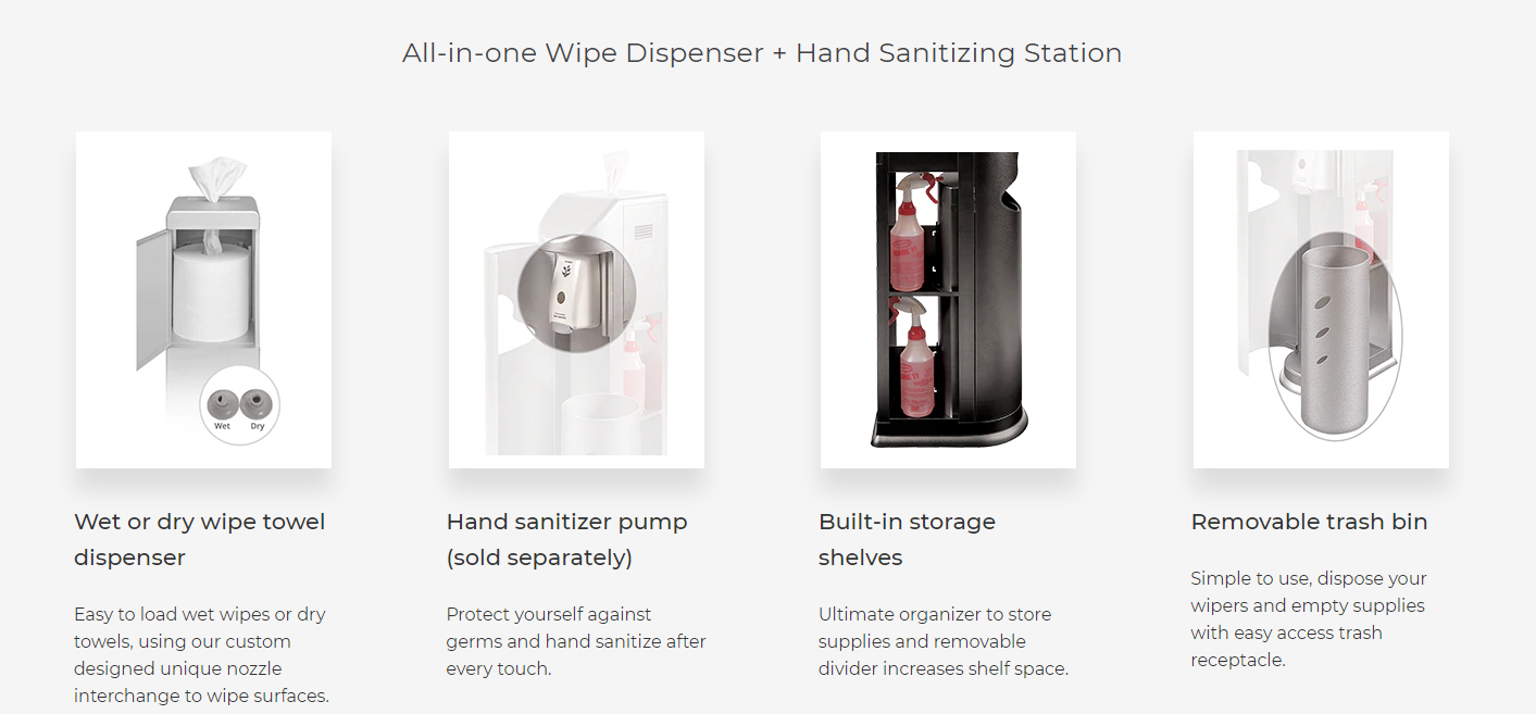 Our all-in-one wipe dispenser and hand sanitizing station